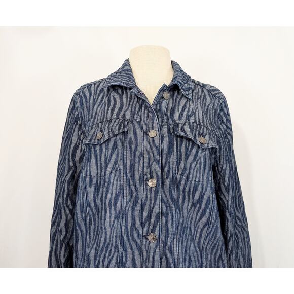 Chico's 2 Jacket Indigo Blue Zebra Stripe Textured Elongated Misses Size L - Picture 2 of 6